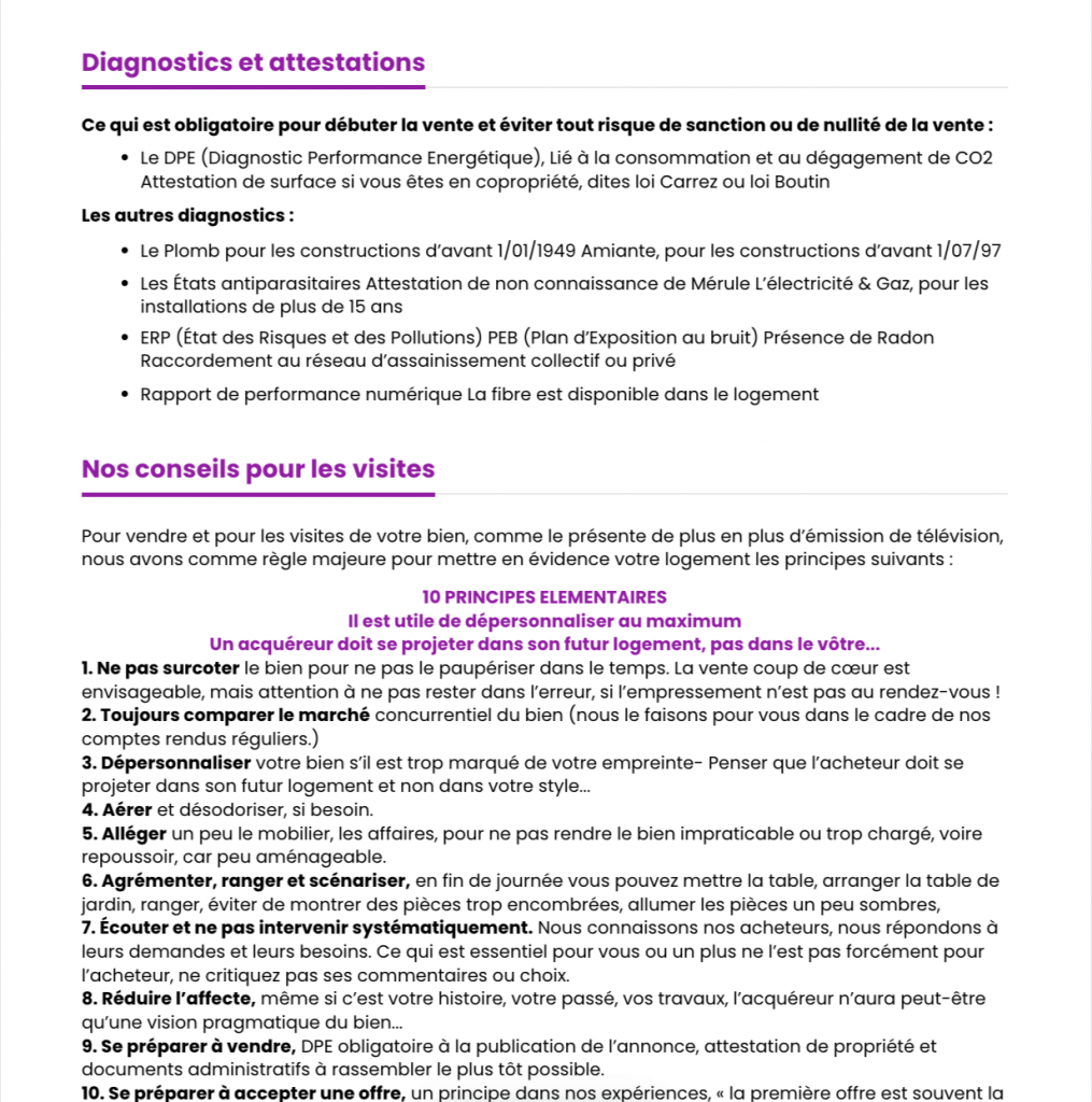 conseils du rapport de synthèse au vendeur du bien immobilier